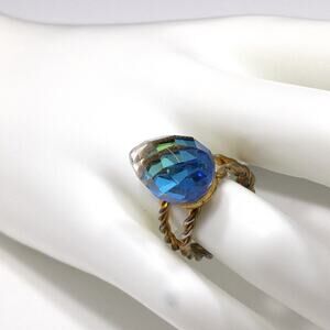 Vintage Clear Prism Ring, Twisted Band, 1960s, 10K Gold Plate, Size 7 Adjustable